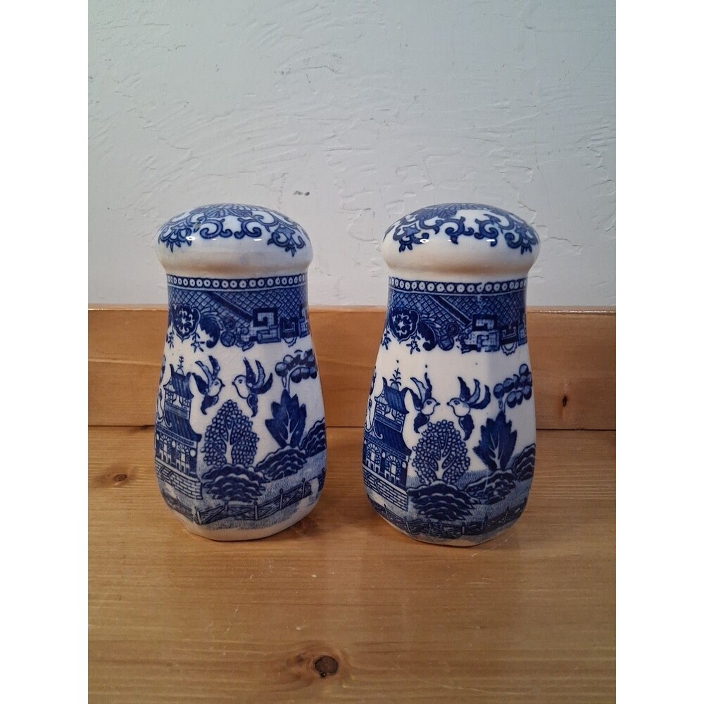 Vintage Japanese Moriyama Sugar Shakers Blue Willow Muffineer Porcelain Lot Of 2